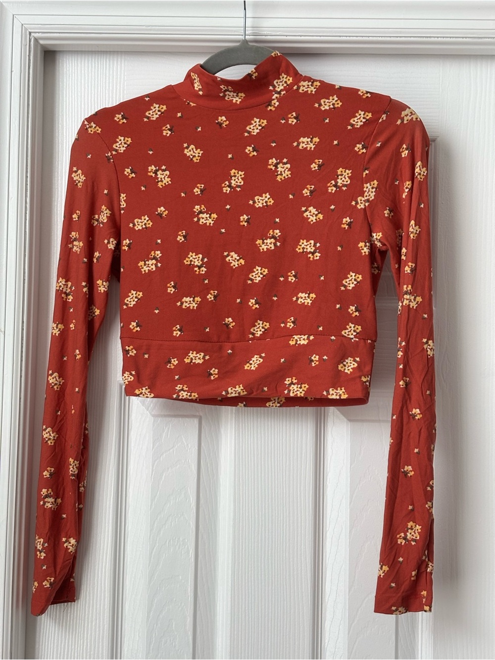 Rust Floral Mock Neck Long Sleeve Crop Top